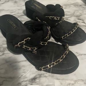 Chanel black suede chain embellished flat slide sandal